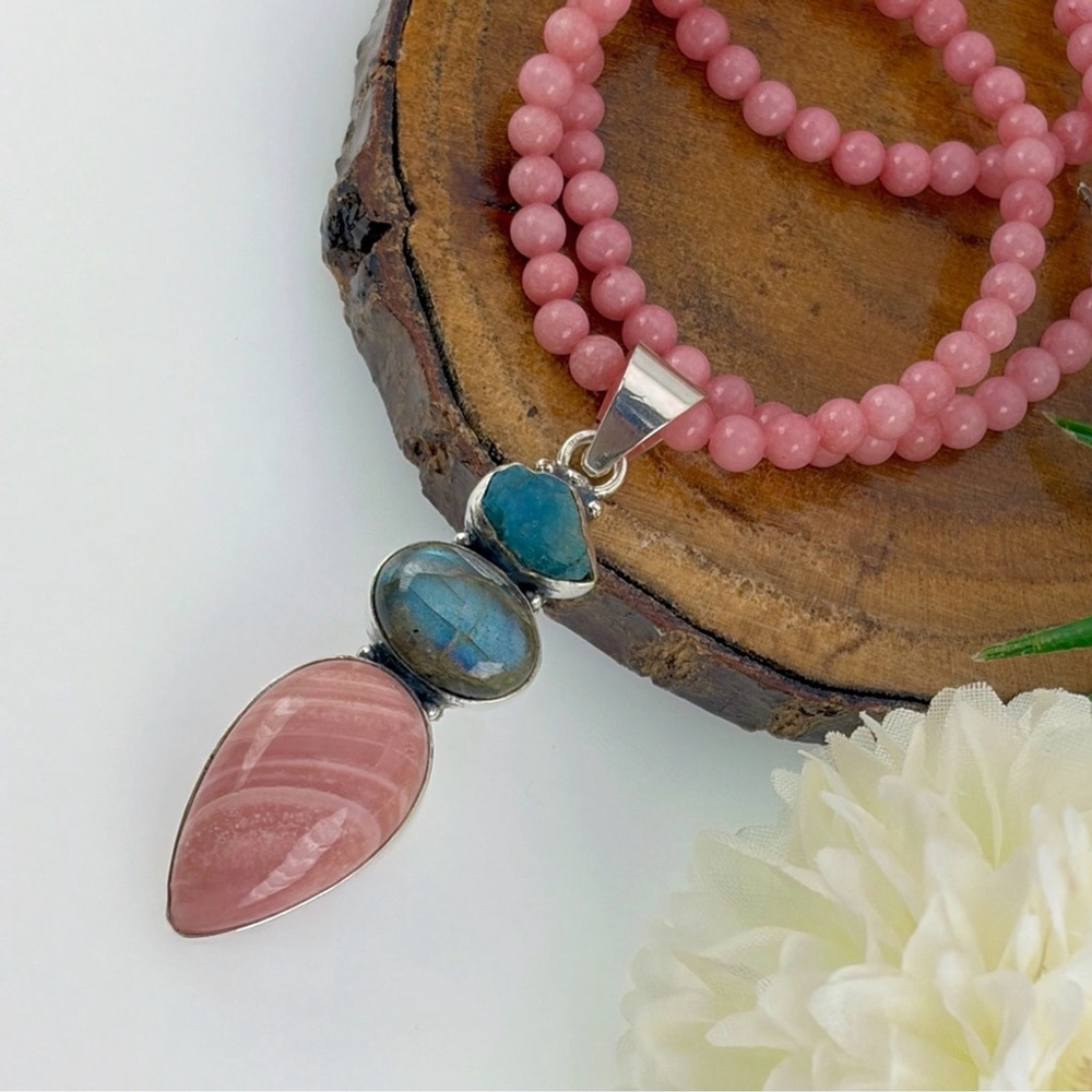 Raw Apatite Labradorite & Pink Opal Cluster Pendant Necklace Southwest Boho 925 - Picture 4 of 9